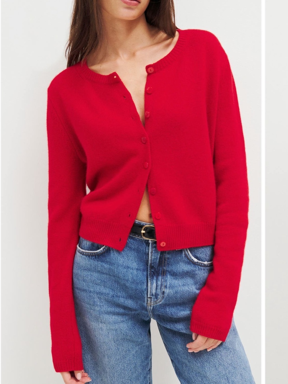 Reformation Clara Cashmere Crew Cardigan in a vibrant red color